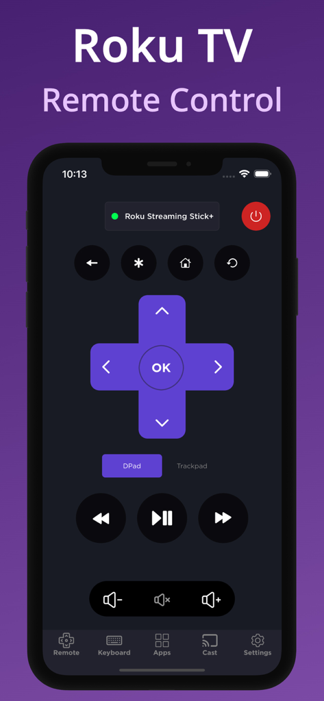 Digitale Fernbedienungsoberfläche für Roku TV auf einem Smartphone-Bildschirm mit Navigations- und Wiedergabetasten