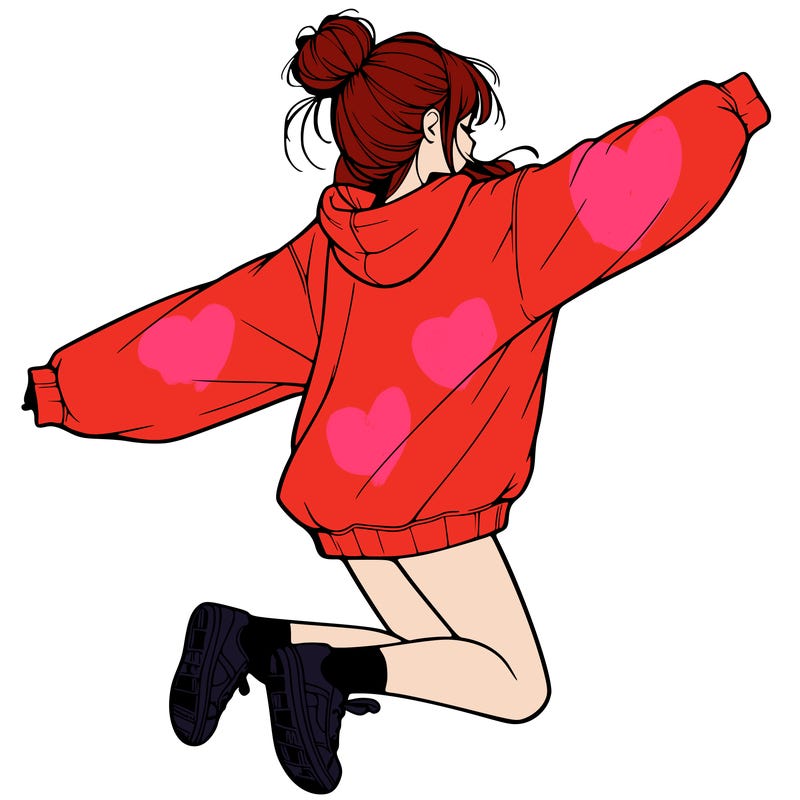 realistic girl jumping with a bun and oversized sweatshirt