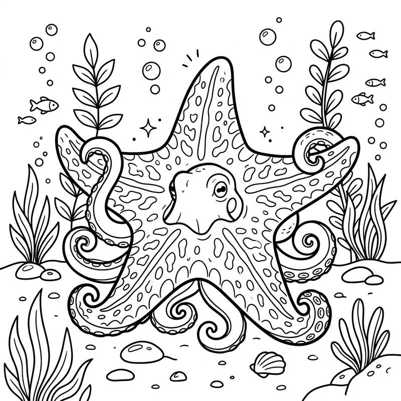 Discover a charming mimic octopus playfully disguised as a starfish in this delightful coloring page designed for kids aged 4-8. This engaging underwater adventure is perfect for young artists ready to bring vibrant colors to life.