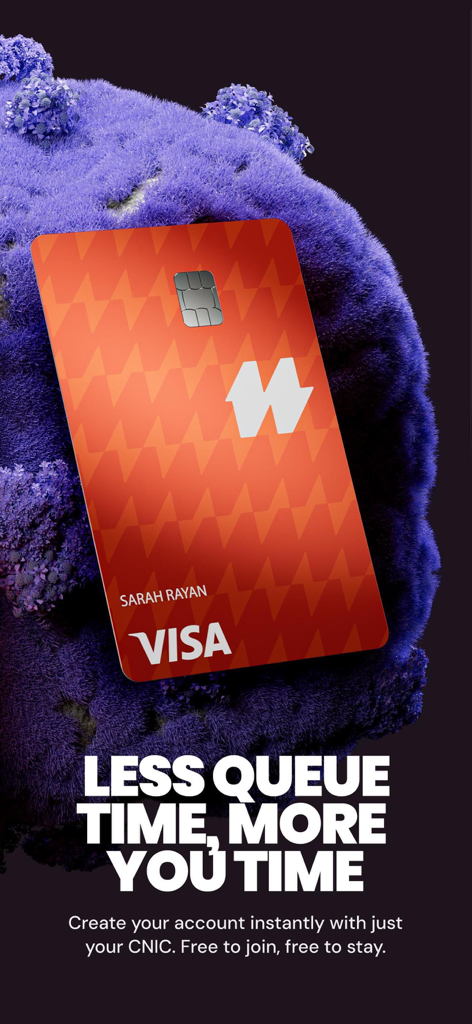An orange NayaPay Visa debit card with text about instant account creation using a CNIC