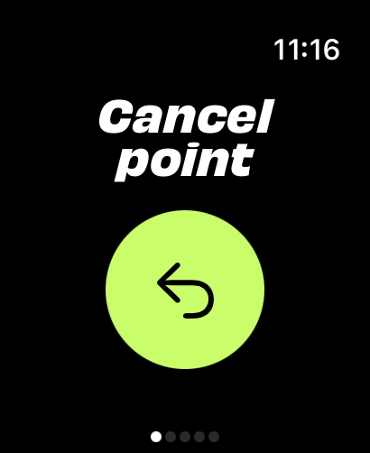 Padel Score Tracker app interface on Apple Watch displaying the cancel point screen with a large green undo button