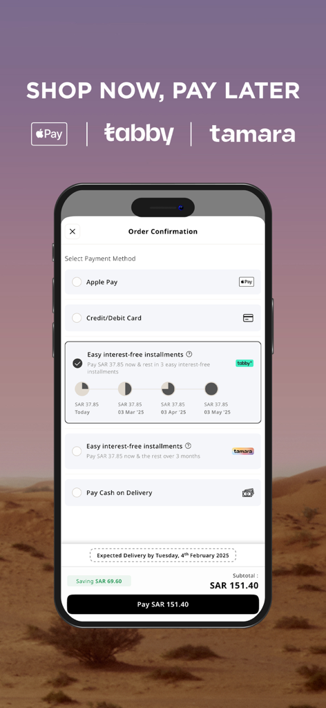 Écran de paiement de l'application Styli montrant des options de paiement flexibles comme Apple Pay et des versements sans intérêt avec Tabby et Tamara