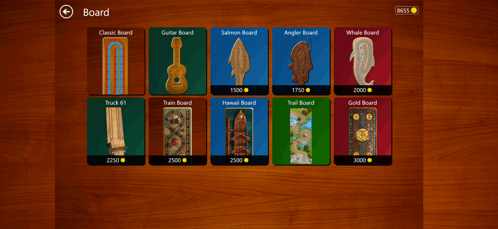 Selection screen for various cribbage board designs including classic guitar and animal shapes