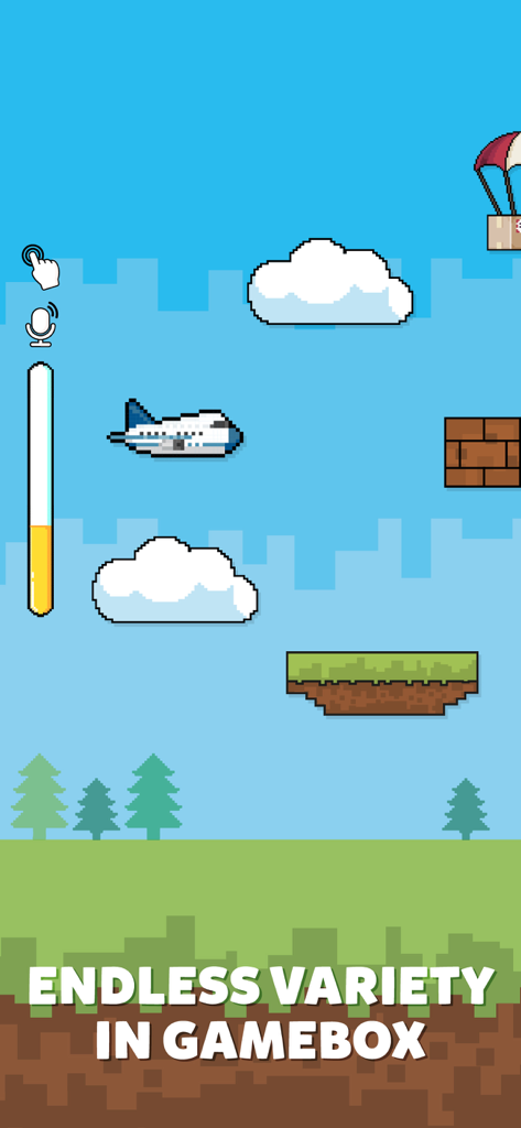 Un avión pixelado volando entre nubes en una relajante colección de minijuegos.