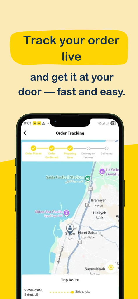 Live order tracking screen of the Talabna delivery app in Saida