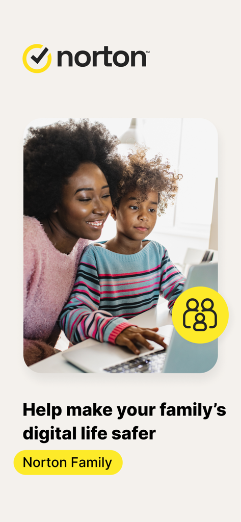 Norton Family Parental Control - Mother and child looking at a laptop together with Norton Family app branding