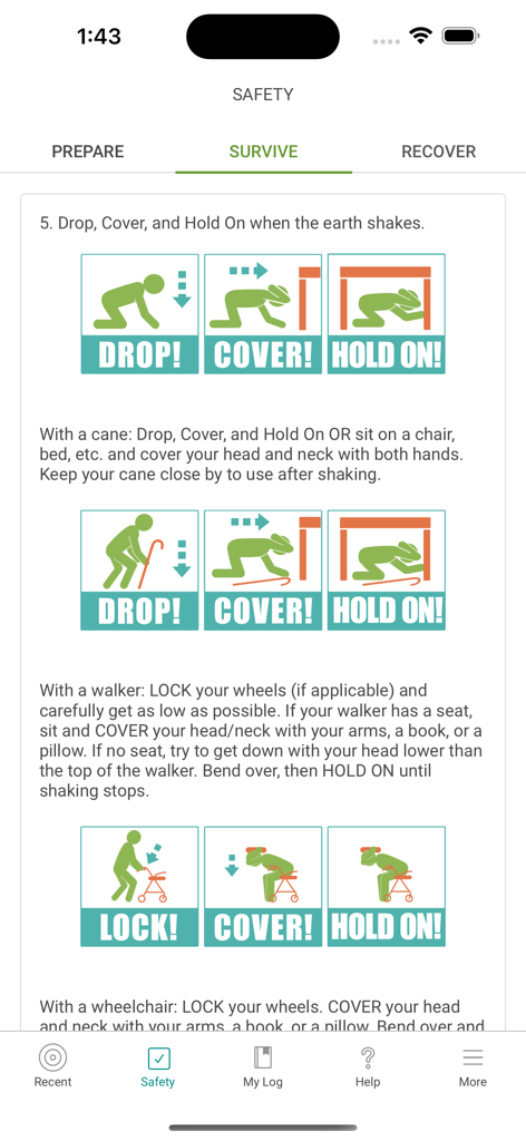 Instruções gráficas para os procedimentos de segurança em caso de terremoto Abaixar, Cobrir e Segurar dentro do aplicativo MyShake