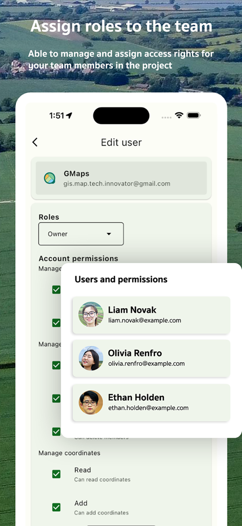 Area Measure & GIS GPS GMapper - Interface for managing team member roles and account permissions in the GIS app