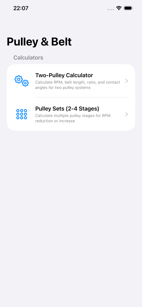 Pulley and Belt Calculator - Main menu screen of the Pulley and Belt app featuring two-pulley and multi-stage calculator options