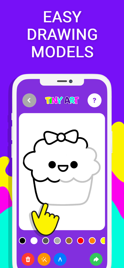 Drawing for kids Tiny Art - Tiny Artアプリのインターフェースで、かわいいカップケーキの絵をトレースしている子供が表示されている