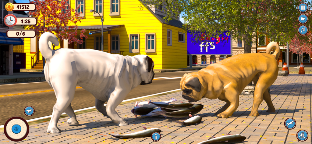 Dog Simulator: Puppy Pet Games - Dos perros pug parados sobre una pila de peces en una acera de la ciudad en un juego de simulador de perros