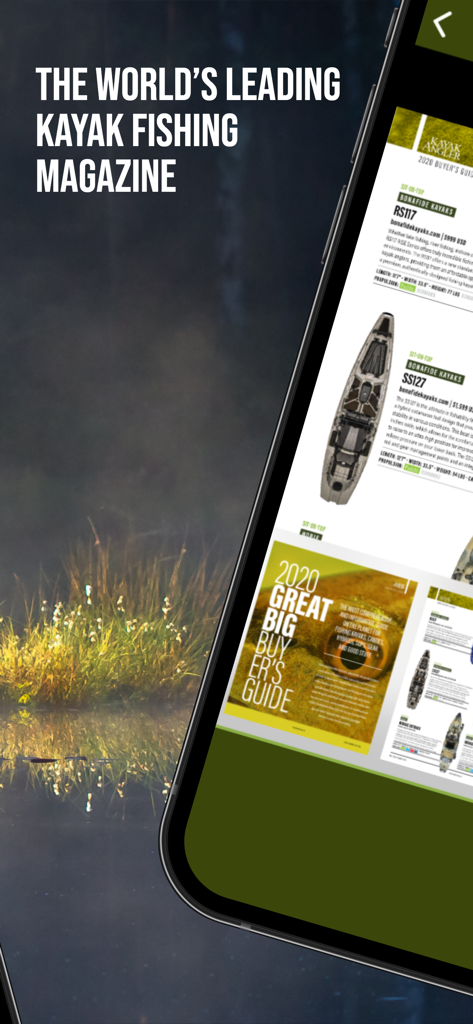 Kayak Angler+ Magazine - Kayak Angler Magazine mobile app showing a buyer guide for fishing kayaks