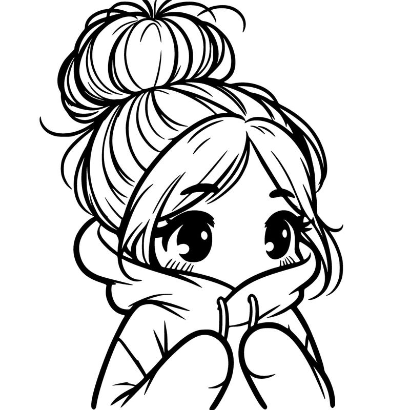 shy girl in big hoodie with messy bun