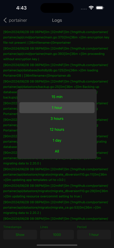 Pourtainer app screen showing Docker container logs with a time period selection menu overlay.