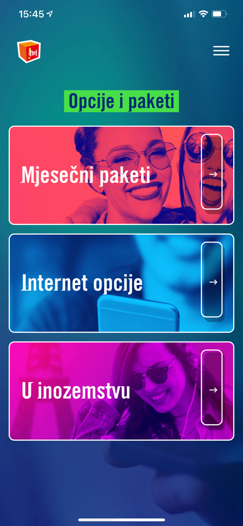 Captura de tela da interface do aplicativo móvel !hej mostrando várias opções de serviço móvel, incluindo pacotes mensais, dados de internet e roaming internacional.