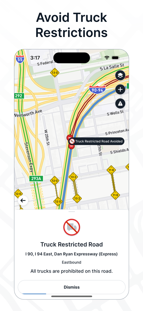 TruckMapアプリインターフェース。GPSマップ上にトラック進入禁止道路の警告を表示。