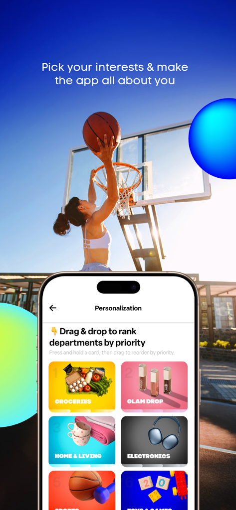 noknok - ONE TOUCH. - A smartphone screen displaying the noknok app personalization feature where users rank shopping categories by priority