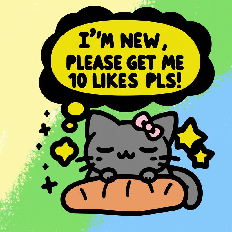 kitty taking a nap dream talking and saying "i'm new, please get me at least 10 likes pls!!"