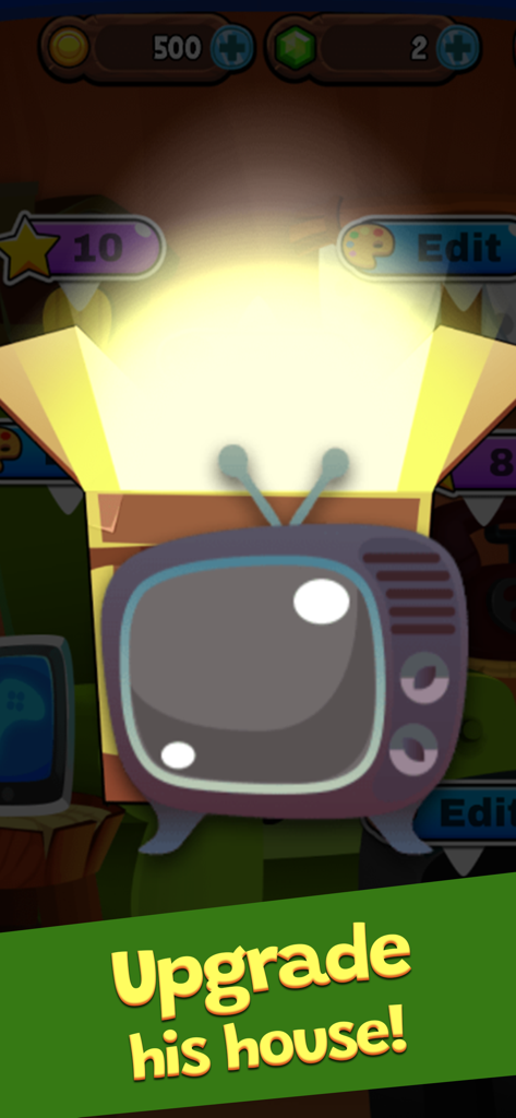 My Grumpy: Pranks & Reactions - A cartoon TV coming out of a glowing box with the text Upgrade his house