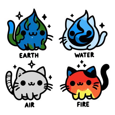 4 cats that represent the different elements, earth, water, air, and fire