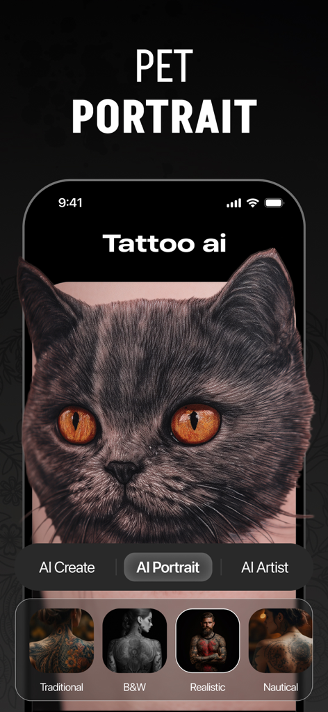 Tattoo AIアプリによって生成されたリアルな猫のペットポートレートタトゥーデザインを表示するスマートフォン