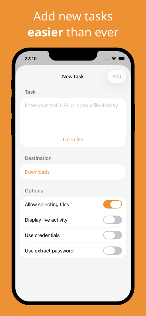 DS Download Manager - Adding a new download task in the DS Download Manager app