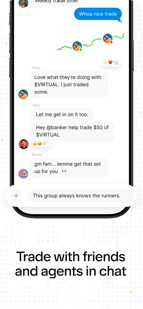 Benutzeroberfläche der Base-App, die einen Gruppenchat mit Social Trading und einem KI-Agenten für Krypto-Transaktionen zeigt