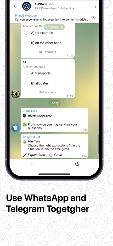Interface of the Messenger Web app showing a Telegram group chat and dual messenger icons for WhatsApp and Telegram integration