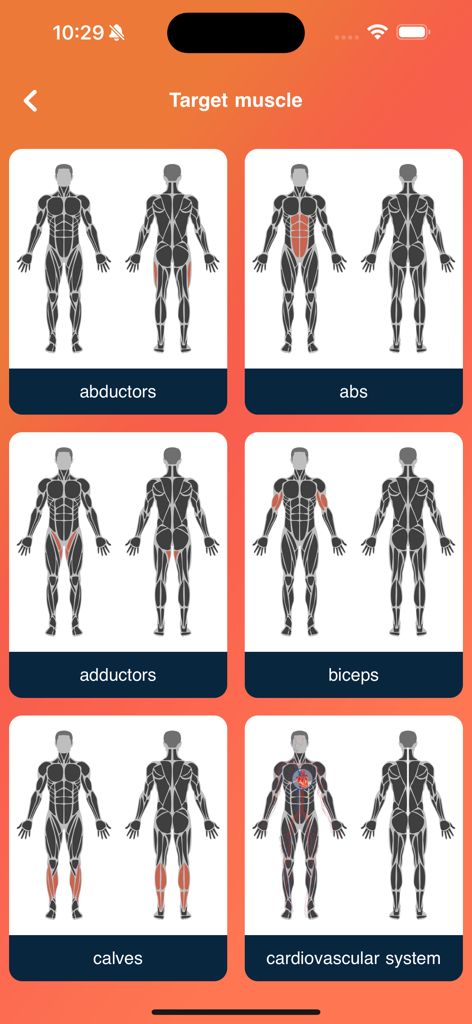 Fit Pro: Home & Gym Workouts - Pantalla de la aplicación Fit Pro para seleccionar grupos musculares objetivo como abdominales y bíceps.