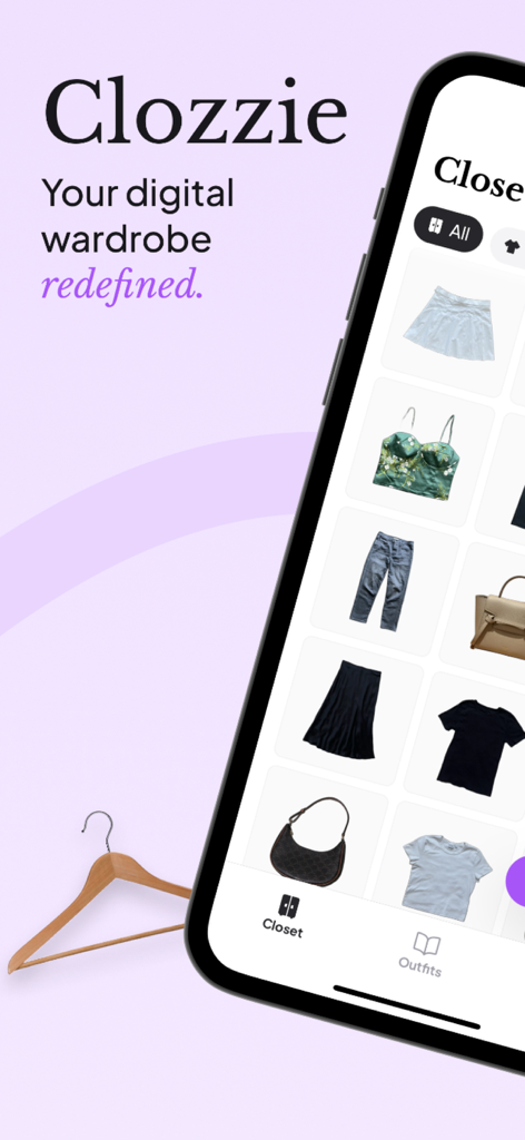 Clozzie - Your Digital Closet - Interface of the Clozzie app displaying a digitized closet with clothing items organized in a clean grid layout