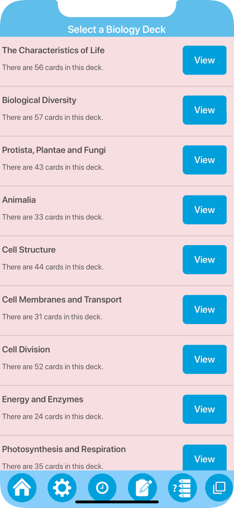 Interface showing a list of biology flashcard decks for study