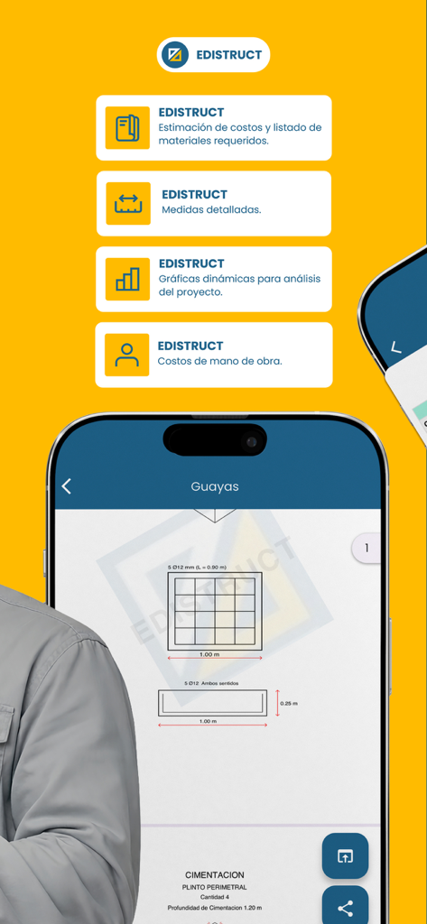 Edistruct - Interface do aplicativo Edistruct exibindo estimativa de custos de construção, custos de mão de obra e diagramas técnicos detalhados.