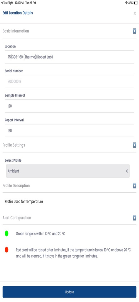CT APP - Interface for editing location details and setting temperature alert ranges in the CT APP