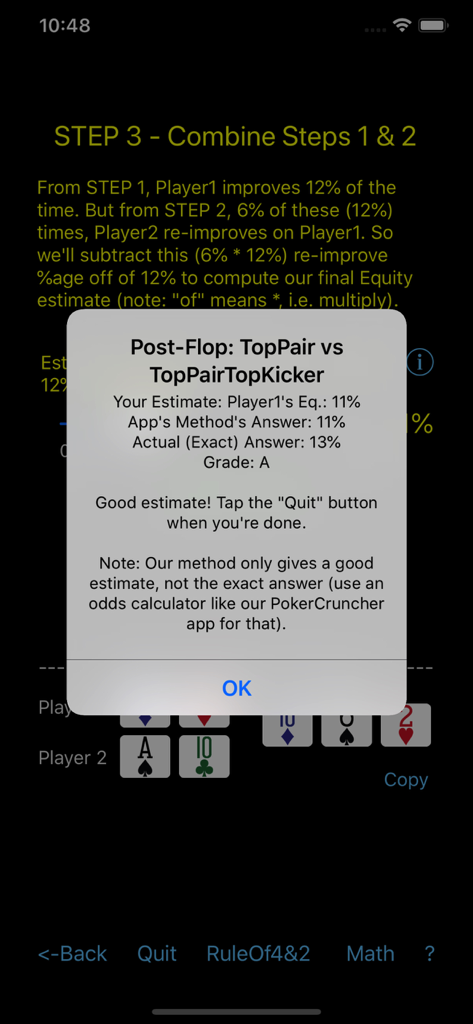 Bildschirm einer Poker-Trainings-App, der eine Post-Flop-Quotenberechnung mit der Note A zeigt