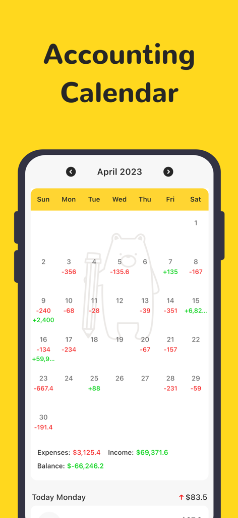 Money Manager App zeigt einen monatlichen Buchhaltungskalender mit täglichen Einnahmen- und Ausgabenverfolgungseinträgen.