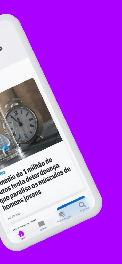 Hube Jornais app interface showing a news article headline and navigation menu on a purple background