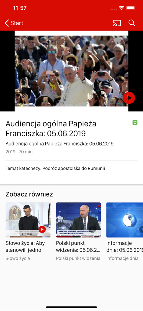 Trwam TV app interface showing a video of Pope Francis and related religious programs in Polish