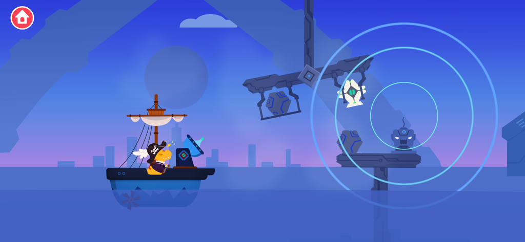 Dinosaur Pirate Games for kids - A dinosaur pirate on a boat using a radar dish to interact with electromagnetic waves in a physics puzzle game