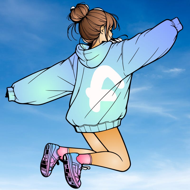 realistic girl jumping with a bun and oversized sweatshirt