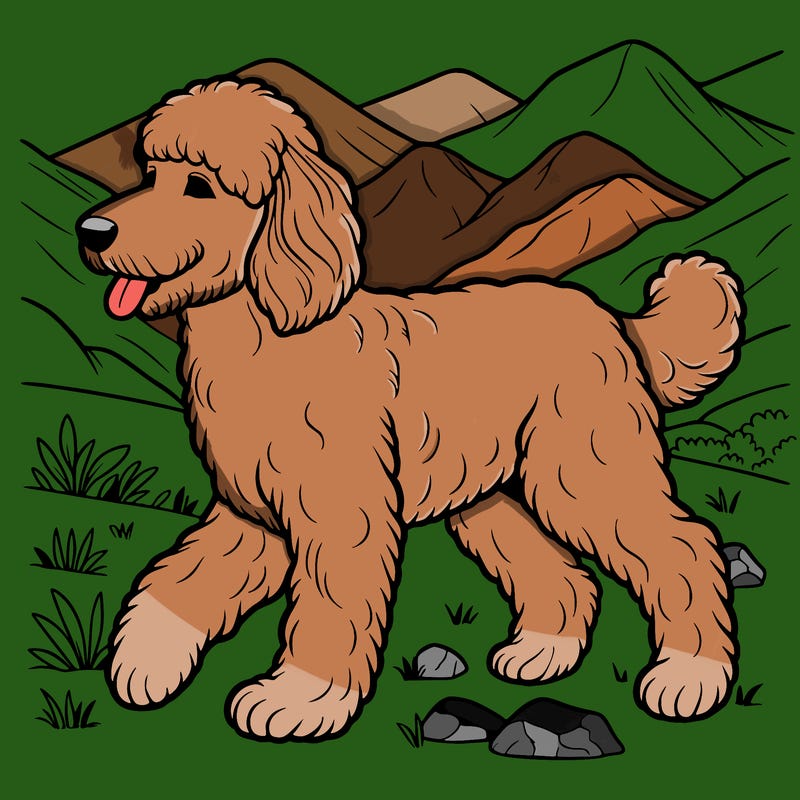 realistic golden doodle walking in mountains