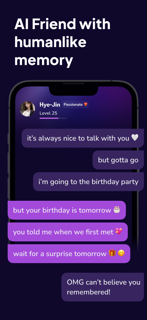 Fling AI Character & Roleplay - Interfaz de chat de Fling AI que muestra un personaje de IA recordando el cumpleaños del usuario para demostrar memoria similar a la humana.