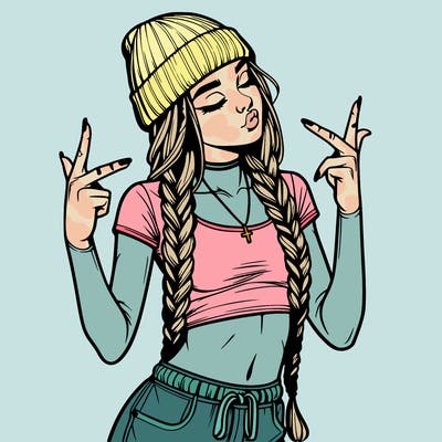 realistic teenage girl with braids and a beanie and crop top doing 🫶🏼