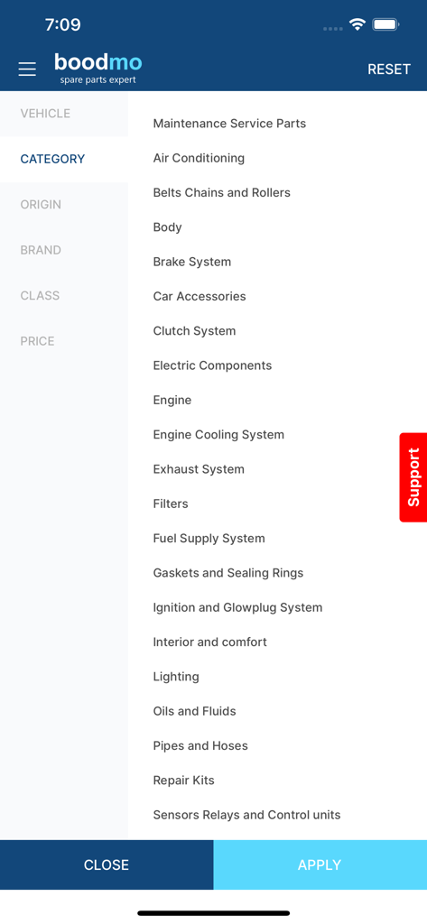 Boodmo app interface showing a comprehensive list of car spare part categories for easy filtering