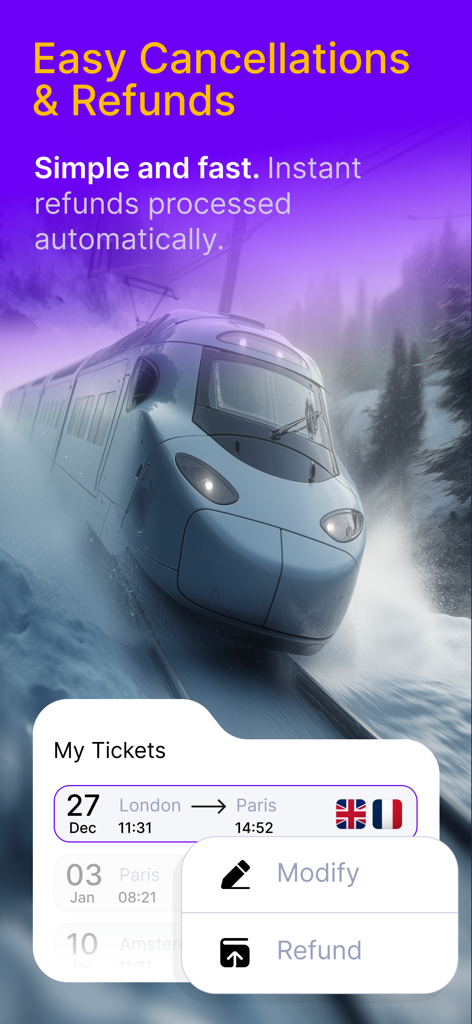 Rail Monsters: Train Tickets - Rail Monsters app screen showing easy train ticket cancellations and automated refunds interface for a London to Paris trip.