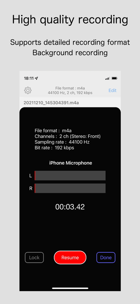 Audio Recorder - WAV, M4A - Audio recorder app interface showing high quality stereo recording settings and technical specifications