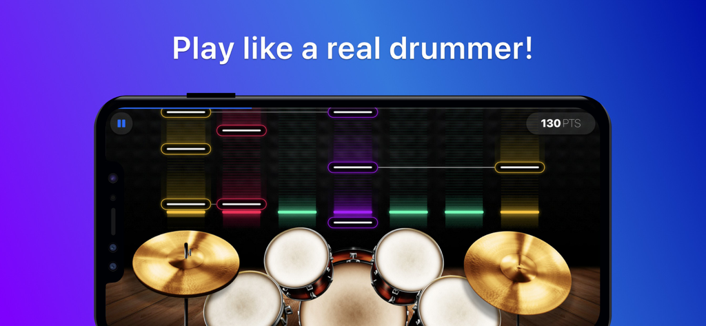 Drums: Learn & Play Beat Games - Una pantalla de smartphone que muestra un juego de batería basado en el ritmo con marcadores de ritmo de colores cayendo y una batería virtual.