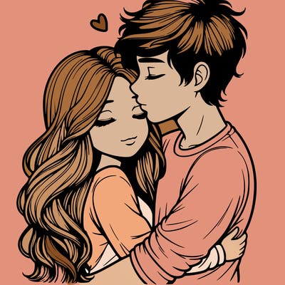 a realistic couple boy and girl hugging and kissing