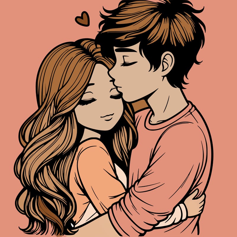 a realistic couple boy and girl hugging and kissing