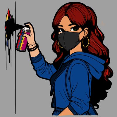 realistic girl with mask spray painting a wall