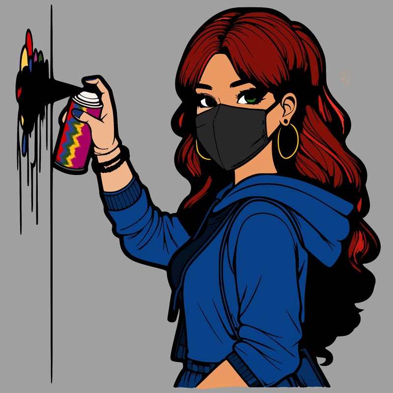 realistic girl with mask spray painting a wall